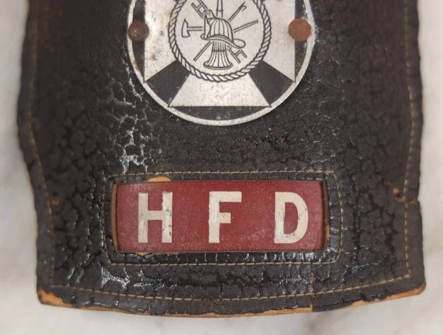 Lot 202 - Vintage Leather Fire Department Helmet Shield Badge, Engine No. 2, H.F.D.