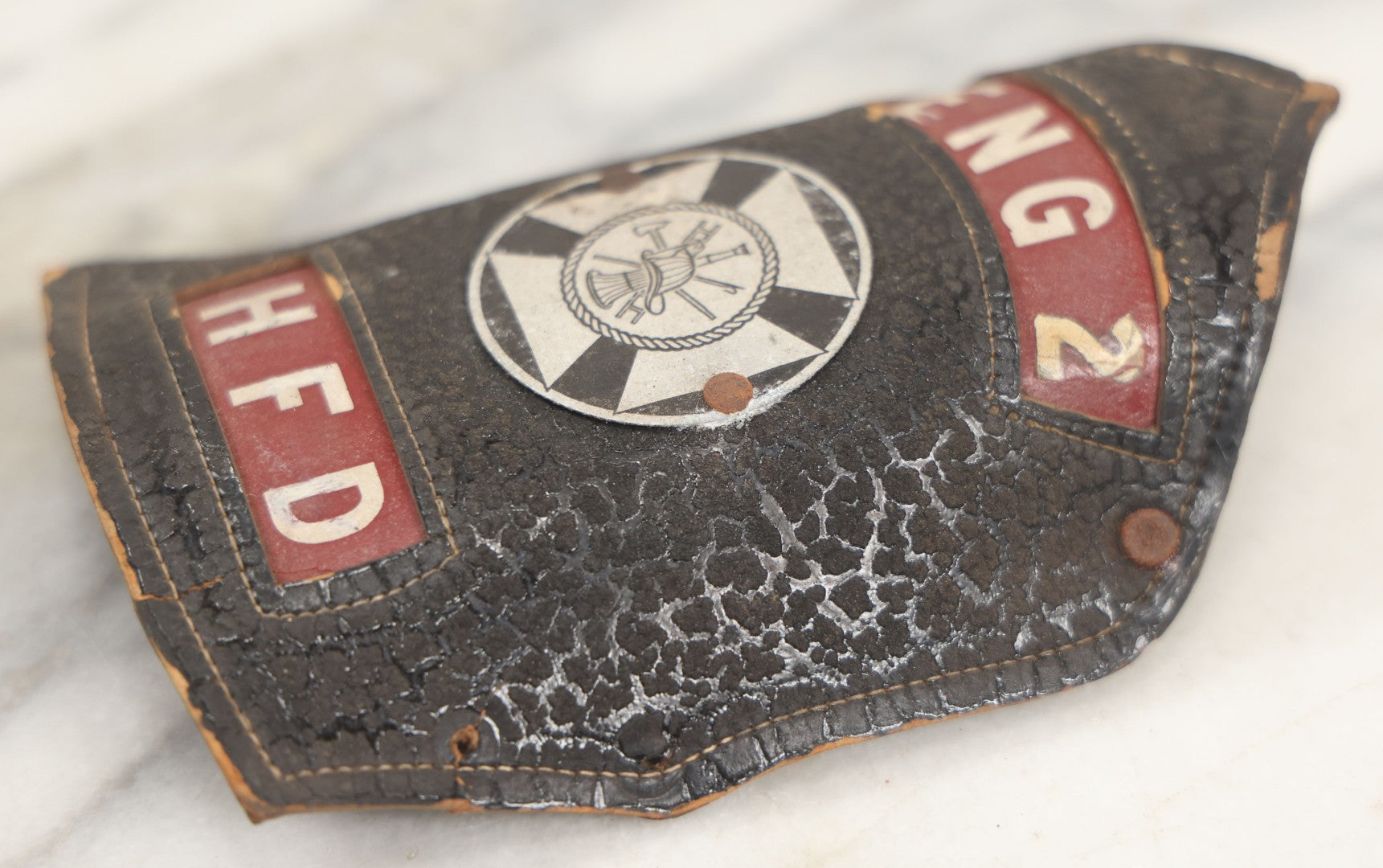 Lot 202 - Vintage Leather Fire Department Helmet Shield Badge, Engine No. 2, H.F.D.