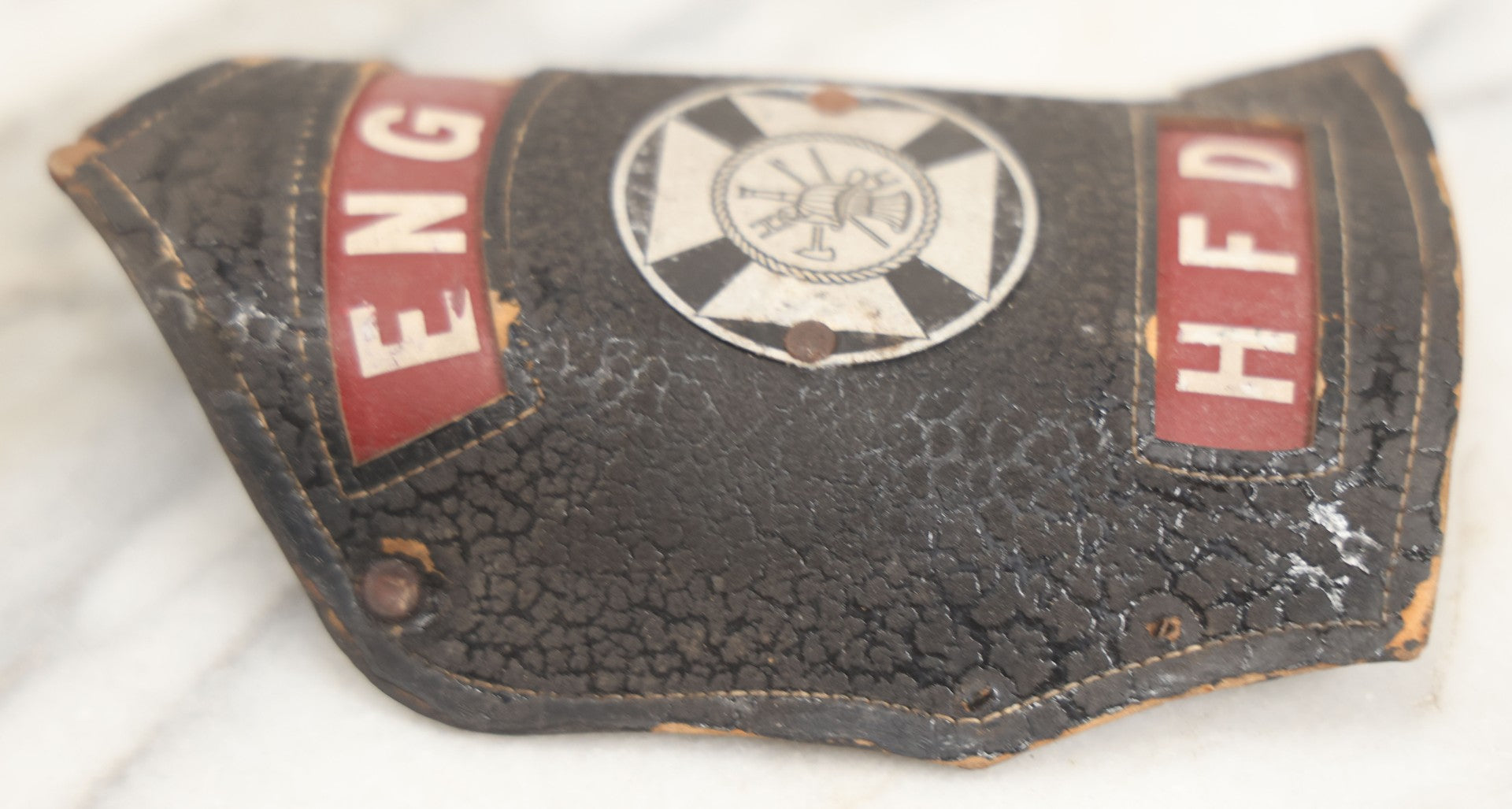 Lot 202 - Vintage Leather Fire Department Helmet Shield Badge, Engine No. 2, H.F.D.