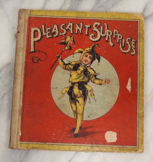 Lot 209 - Antique Children's Book Cover With Child Jester Clown, "Pleasant Surprises," Lothrop Publishing Co., Note No Contents, Book Cover Only, As Found