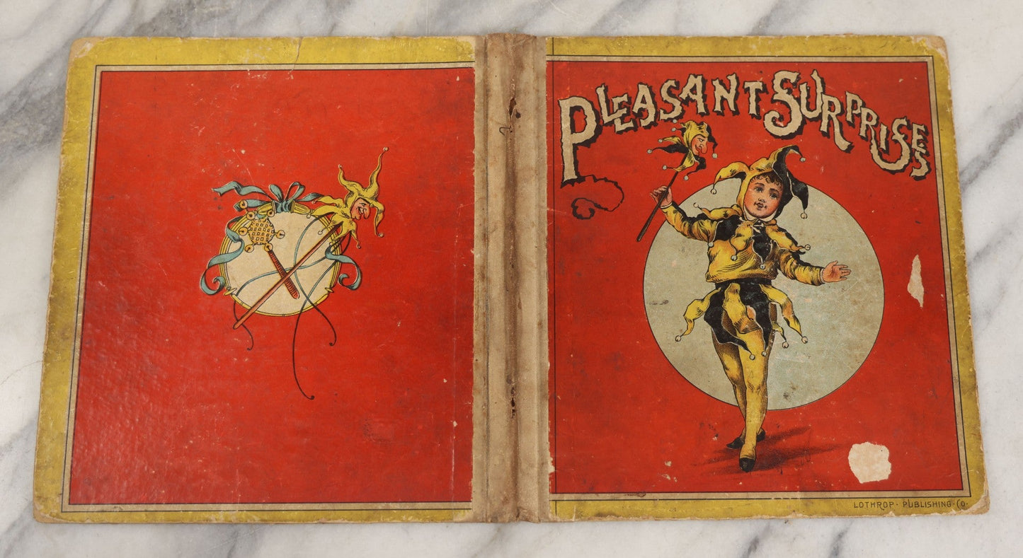 Lot 209 - Antique Children's Book Cover With Child Jester Clown, "Pleasant Surprises," Lothrop Publishing Co., Note No Contents, Book Cover Only, As Found