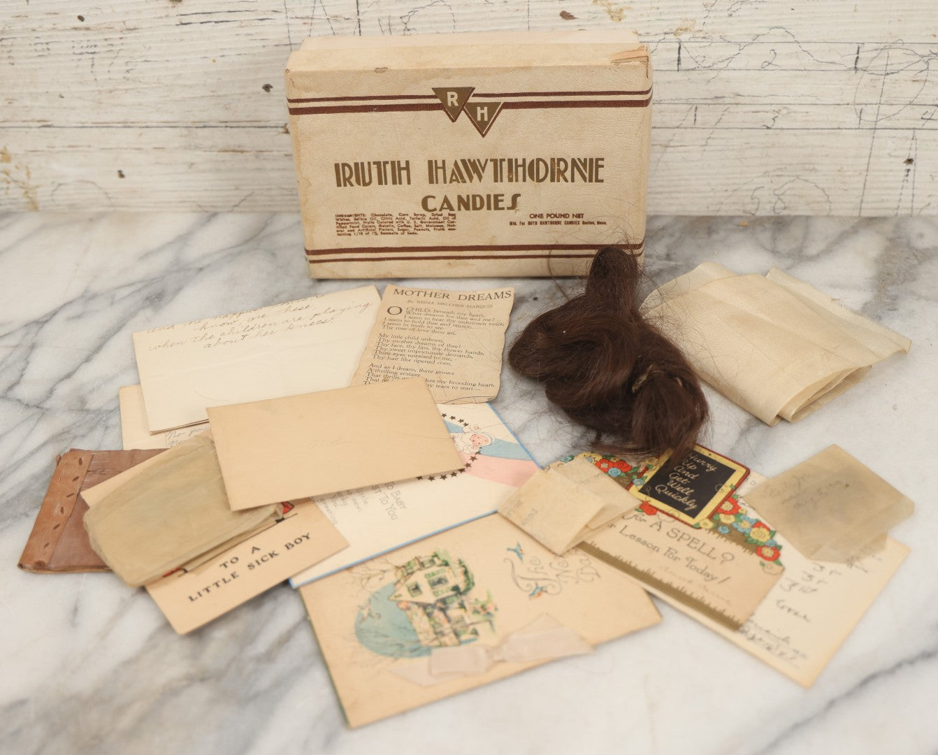 Lot 210 - Antique "Proof Of Life" Lot Of The Pinkham Family Containing Human Hair Keepsakes, Various Ephemera, Notes, In Ruth Hawthorne Candies Box