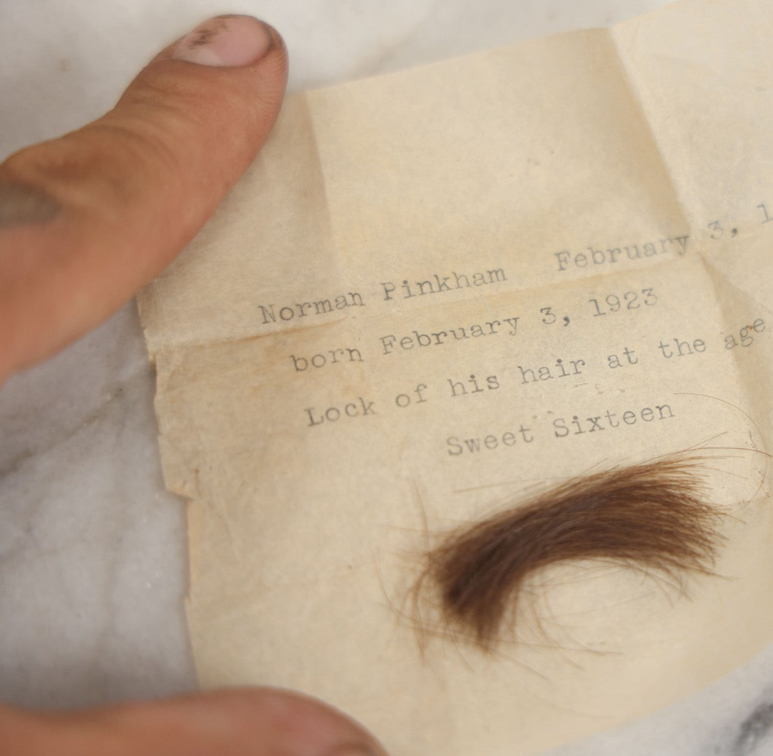 Lot 210 - Antique "Proof Of Life" Lot Of The Pinkham Family Containing Human Hair Keepsakes, Various Ephemera, Notes, In Ruth Hawthorne Candies Box