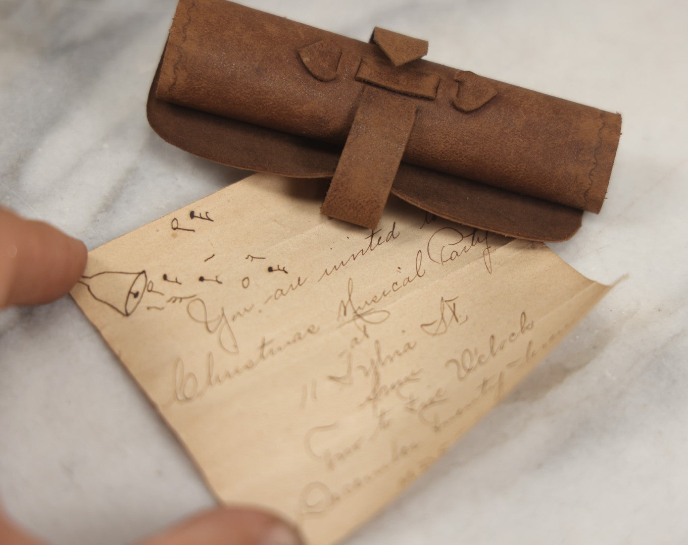 Lot 212 - Antique Christmas Musical Party Handwritten Paper Invitation In Custom Leather Roll, 1906