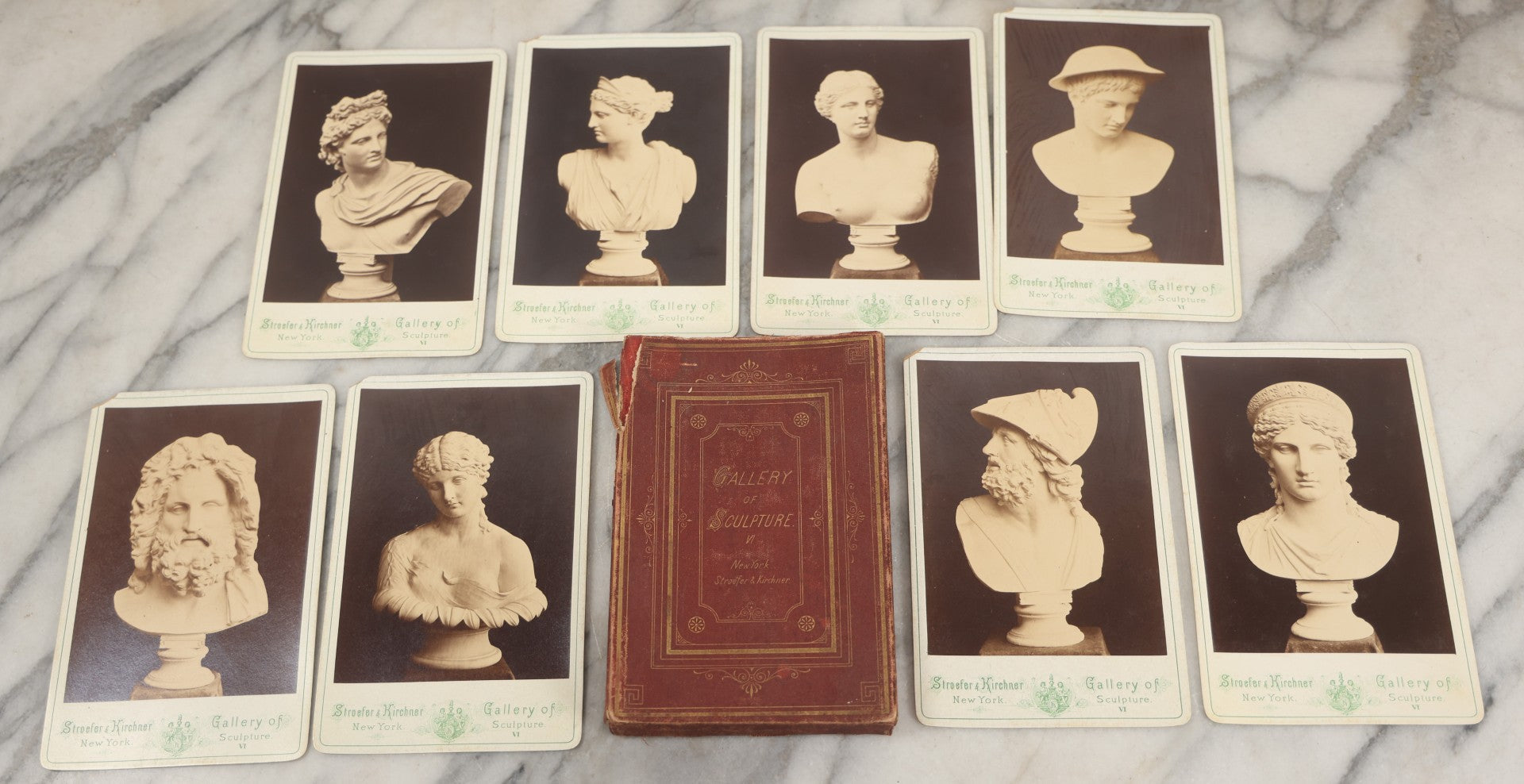 Lot 213 - Antique "Gallery Of Sculpture" Cabinet Card Photograph Pack Containing Eight Photos Of Famous Fine Art Busts, Including Zeus, Juno, Others, Stroefer & Kirchner, Publishers, New York, Series Iv