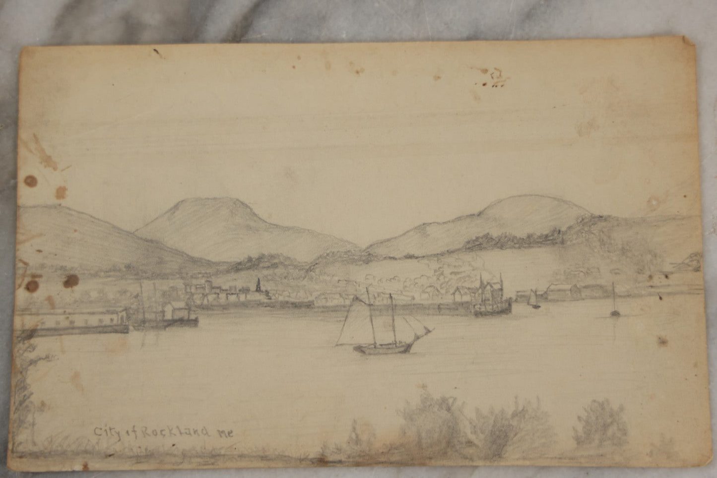 Lot 214 - Antique Original Pencil Sketch Of The Coast, Head Of Bay, City Of Rockland, Maine