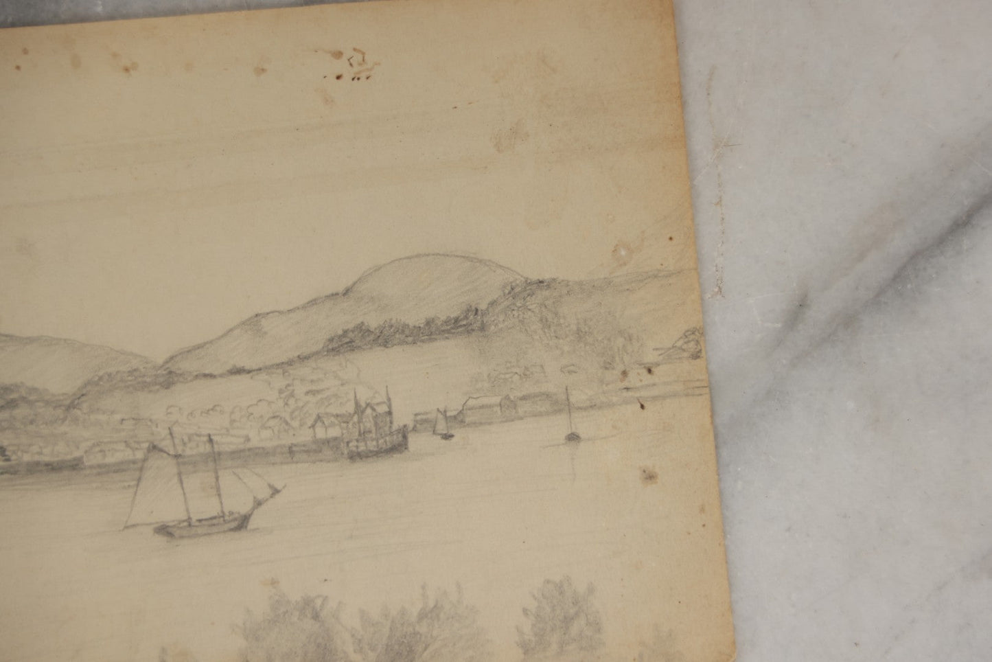 Lot 214 - Antique Original Pencil Sketch Of The Coast, Head Of Bay, City Of Rockland, Maine