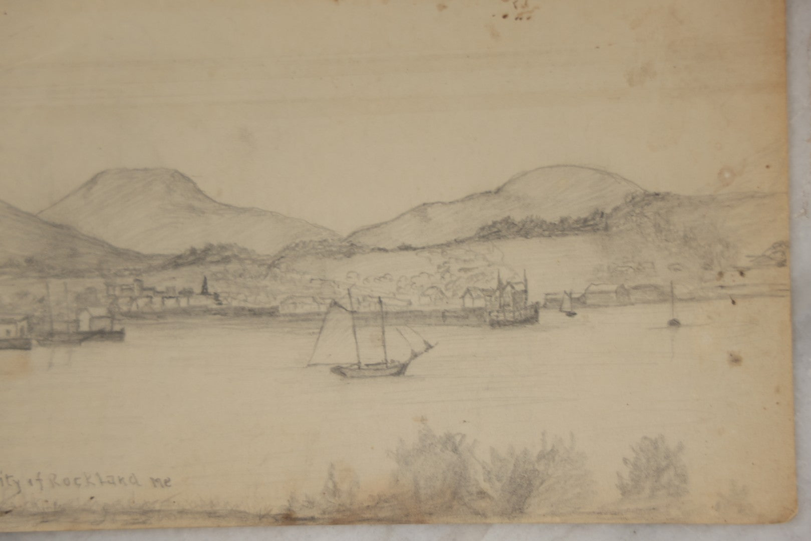 Lot 214 - Antique Original Pencil Sketch Of The Coast, Head Of Bay, City Of Rockland, Maine