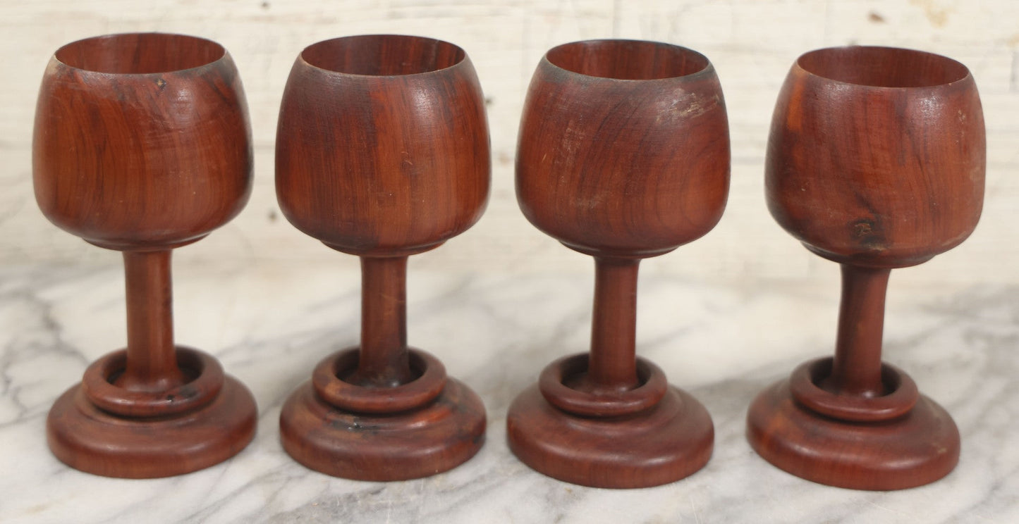 Lot 217 - Set Of Four Folk Art Whimsy Carved Goblet Cups With Captive Ring Around Stem