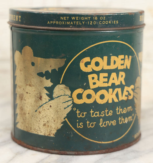Lot 218 - Vintage Golden Bear Cookies 16 Oz Advertising Tin, Copyright 1937, Golden Bear Cookie Co., Long Island City, New York