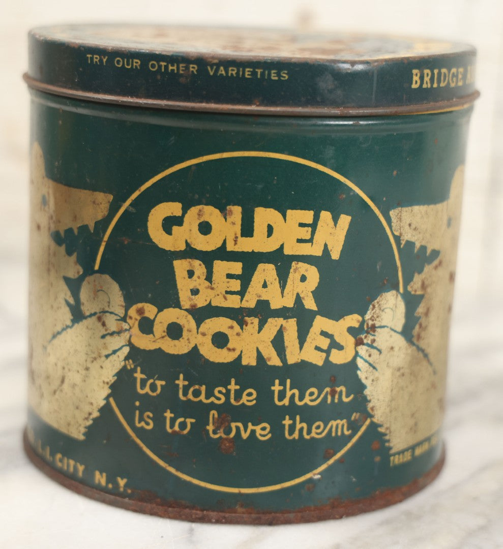 Lot 218 - Vintage Golden Bear Cookies 16 Oz Advertising Tin, Copyright 1937, Golden Bear Cookie Co., Long Island City, New York