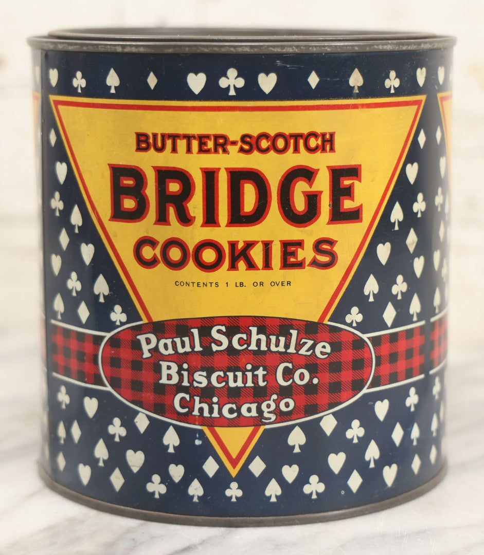 Lot 219 - Vintage Butterscotch Bridge Cookies 1 Lb Advertising Tin, Paul Schulze Biscuit Co., Chicago