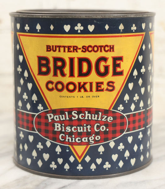 Lot 219 - Vintage Butterscotch Bridge Cookies 1 Lb Advertising Tin, Paul Schulze Biscuit Co., Chicago