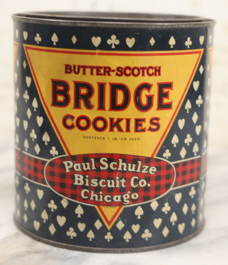 Lot 219 - Vintage Butterscotch Bridge Cookies 1 Lb Advertising Tin, Paul Schulze Biscuit Co., Chicago