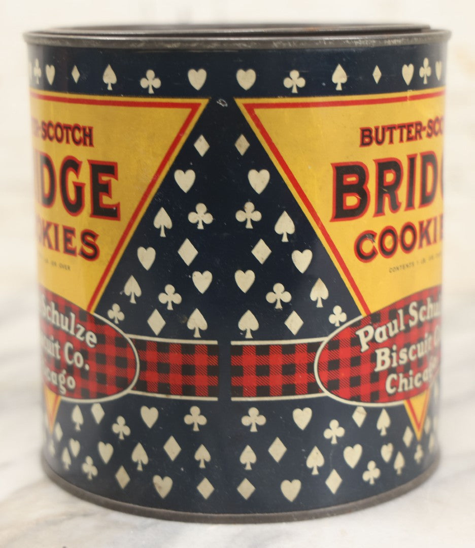 Lot 219 - Vintage Butterscotch Bridge Cookies 1 Lb Advertising Tin, Paul Schulze Biscuit Co., Chicago