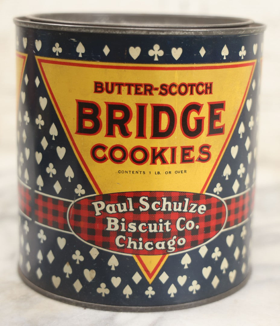 Lot 219 - Vintage Butterscotch Bridge Cookies 1 Lb Advertising Tin, Paul Schulze Biscuit Co., Chicago