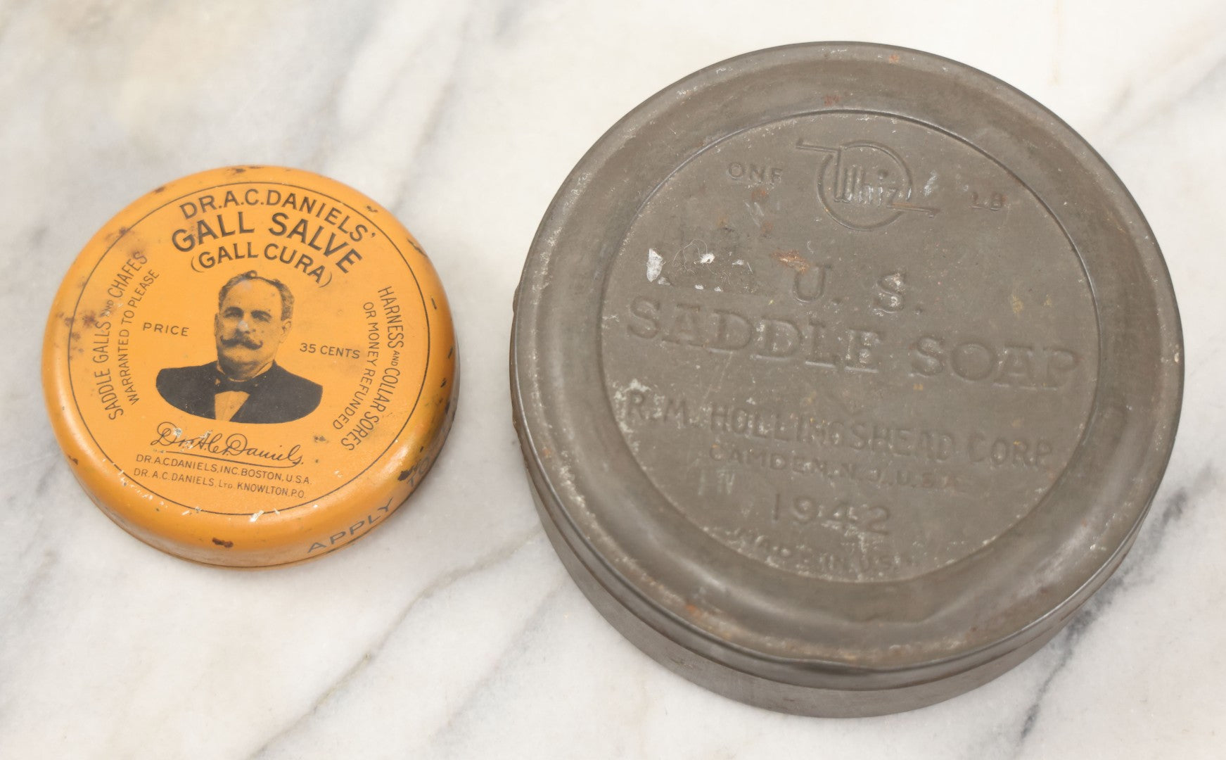Lot 223 - Pair Of Antique Advertising Tins Including Dr. A.C. Daniels' Gall Salve And U.S. Saddle Soap