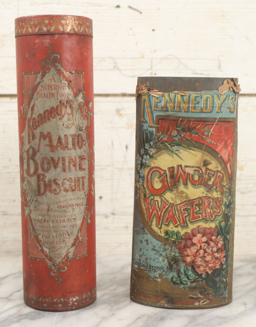 Lot 225 - Pair Of Antique Kennedy Cookie Advertising Tins, Including Kennedy's Malto-Bovine Biscuit And Kennedy's Ginger Wafers, With Paper Label, Cambridgeport, Massachusetts And Chicago, Illinois