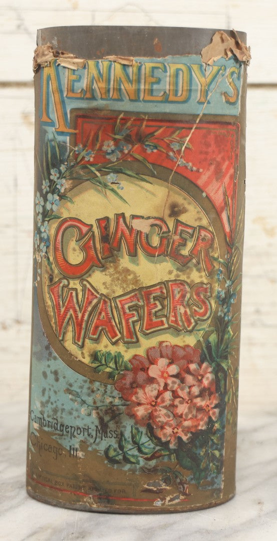 Lot 225 - Pair Of Antique Kennedy Cookie Advertising Tins, Including Kennedy's Malto-Bovine Biscuit And Kennedy's Ginger Wafers, With Paper Label, Cambridgeport, Massachusetts And Chicago, Illinois