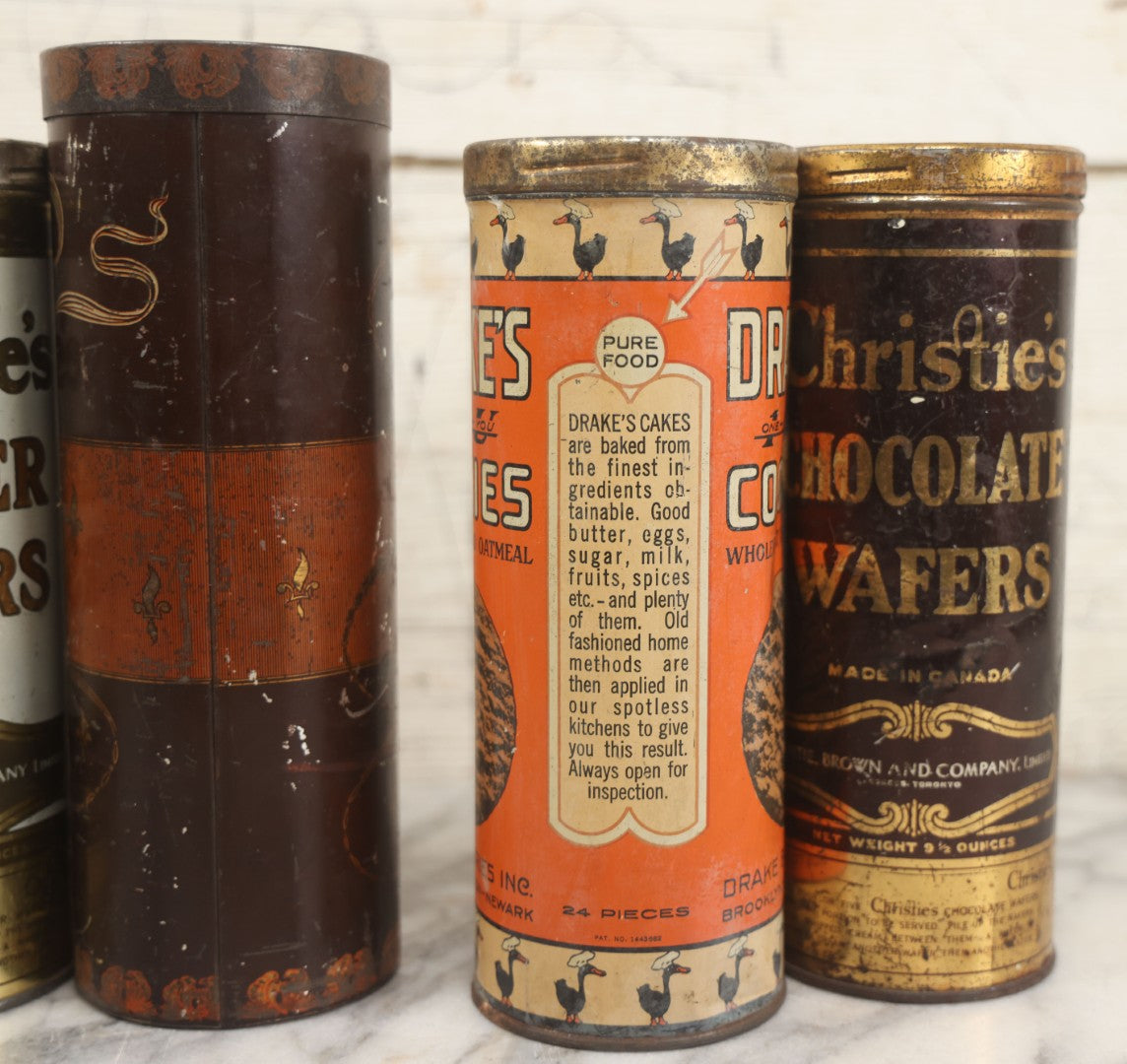Lot 226 - Grouping Of Five Vintage Cookie And Wafer Tube Advertising Tins Including Beech-Nut Cookies, Christie's Ginger Wafers, Kennedy Ginger Wafers, Drake's Cookies, And Christie's Chocolate Wafers