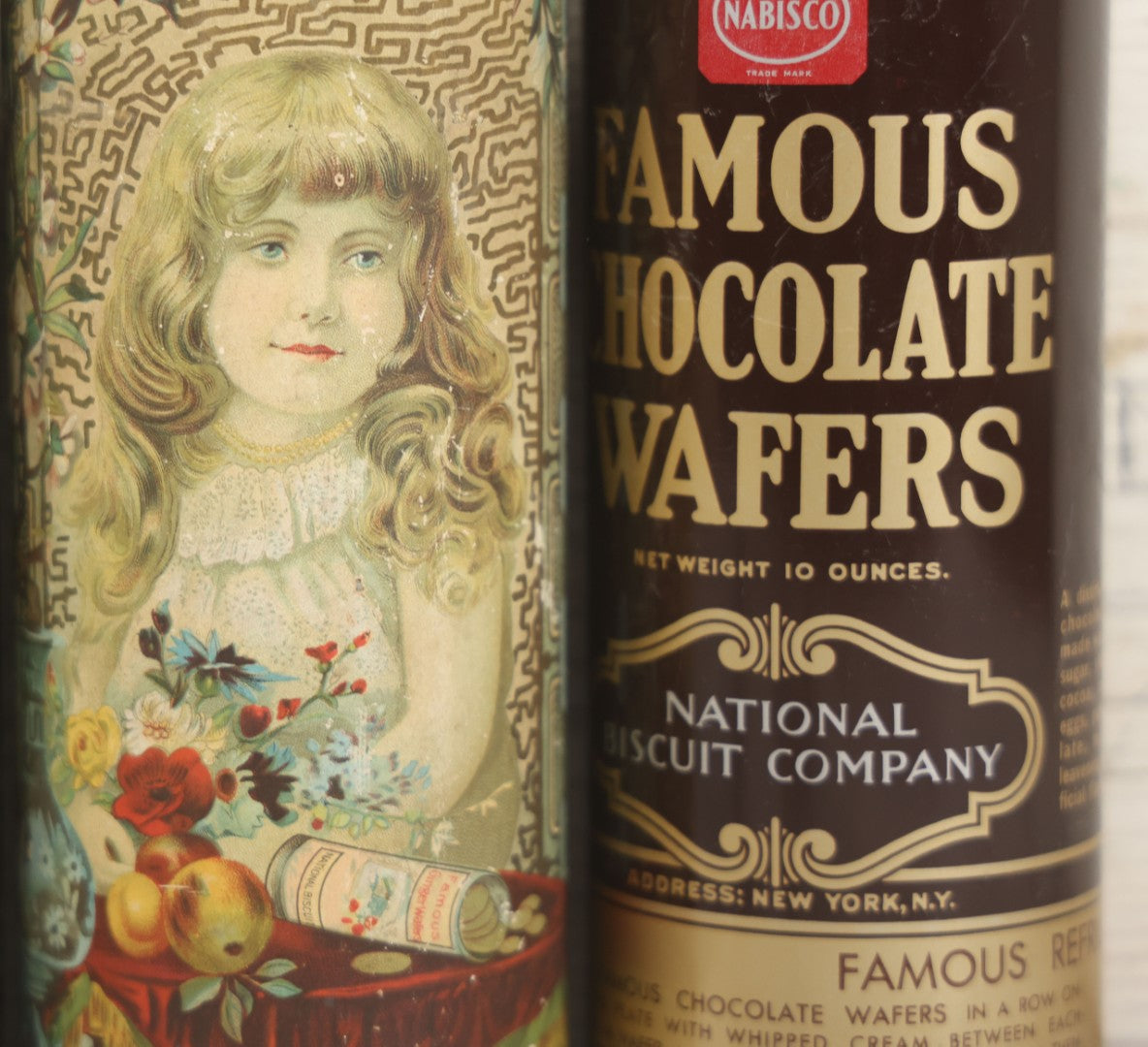 Lot 227 - Grouping Of Five Vintage Cookie And Wafer Tube Advertising Tins Including Famous Sugar Cookies, Ontario Chocolate Wafers, Famous Whole Wheat Cookies, Famous Ginger Wafers, And Famous Chocolate Wafers, National Biscuit Company