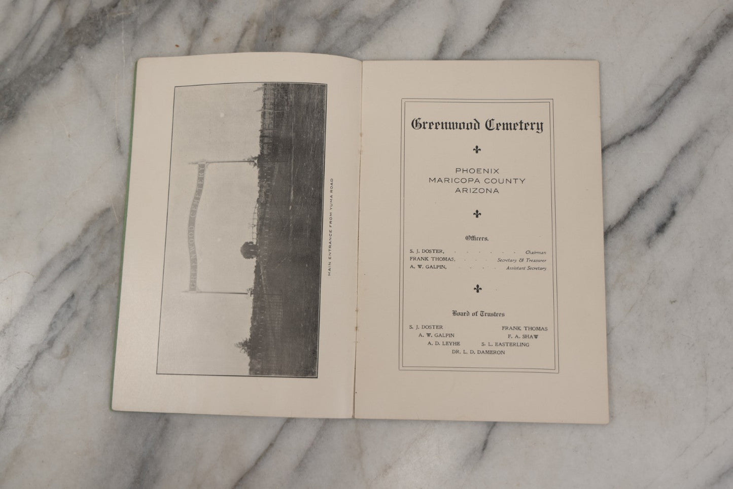 Lot 230 - Antique Ephemera Booklet, "Greenwood Cemetery, Phoenix, Arizona" Maricopa County, With Photos, Rules, Regulations, Photo, Map