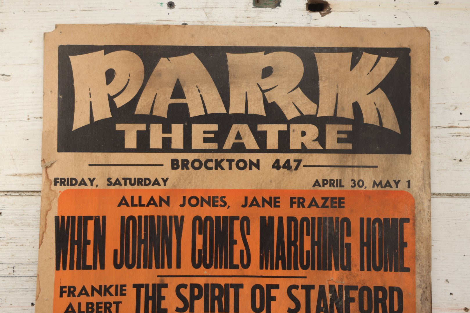 Lot 235 - Vintage Broadside Movie Theater Advertising Poster, Park Theatre, Brockton, Massachusetts, Showing "I Married A Witch," "Nightmare," And Boris Karloff In "The Boogie Man Will Get You," Spring 1943, See Condition Notes 