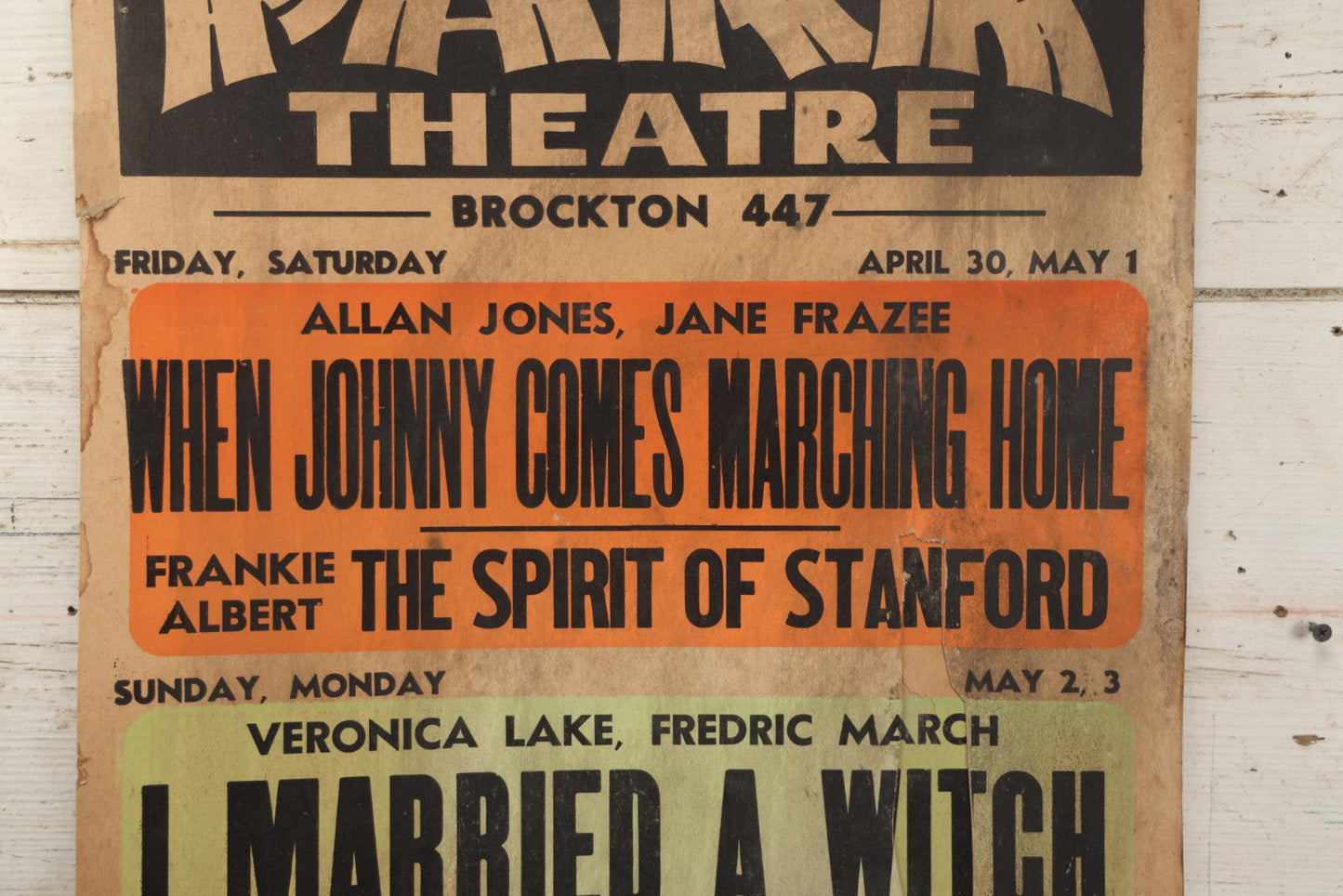 Lot 235 - Vintage Broadside Movie Theater Advertising Poster, Park Theatre, Brockton, Massachusetts, Showing "I Married A Witch," "Nightmare," And Boris Karloff In "The Boogie Man Will Get You," Spring 1943, See Condition Notes 