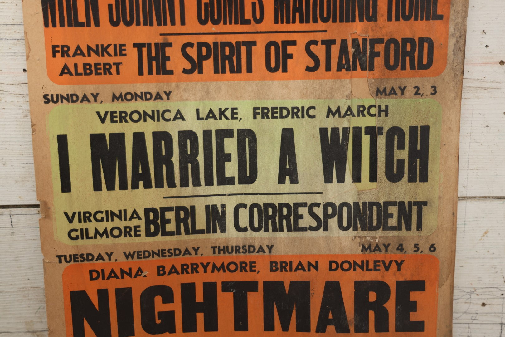 Lot 235 - Vintage Broadside Movie Theater Advertising Poster, Park Theatre, Brockton, Massachusetts, Showing "I Married A Witch," "Nightmare," And Boris Karloff In "The Boogie Man Will Get You," Spring 1943, See Condition Notes 