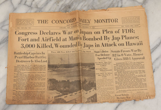 Lot 236 - Vintage Concord Daily Monitor Newspaper From Monday, December 8, 1941, Reporting On The Pearl Harbor Attacks Which Occurred The Previous Day