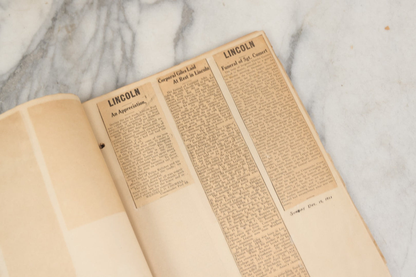 Lot 239 - Antique Early 20th Century Newspaper Scrapbook, "Clippings From Here, There, And Everywhere," Mostly Concerning Lincoln, Massachusetts, Post World War One, 1919