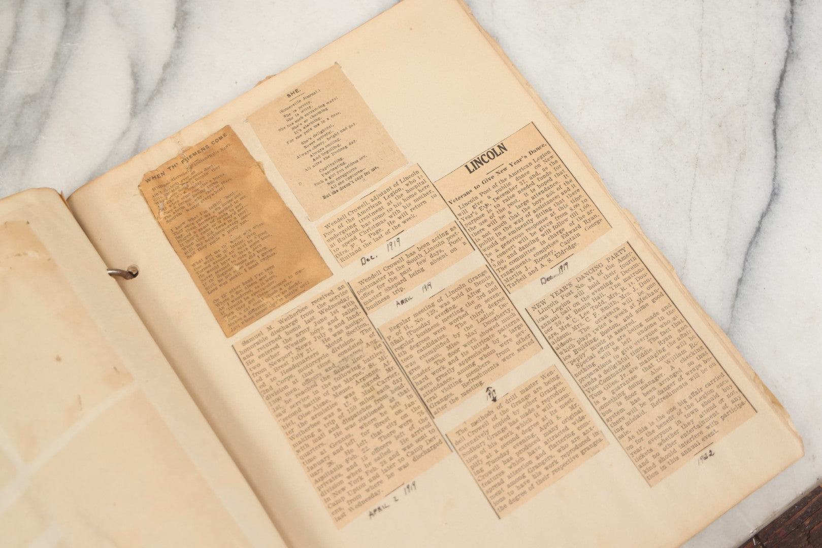 Lot 239 - Antique Early 20th Century Newspaper Scrapbook, "Clippings From Here, There, And Everywhere," Mostly Concerning Lincoln, Massachusetts, Post World War One, 1919