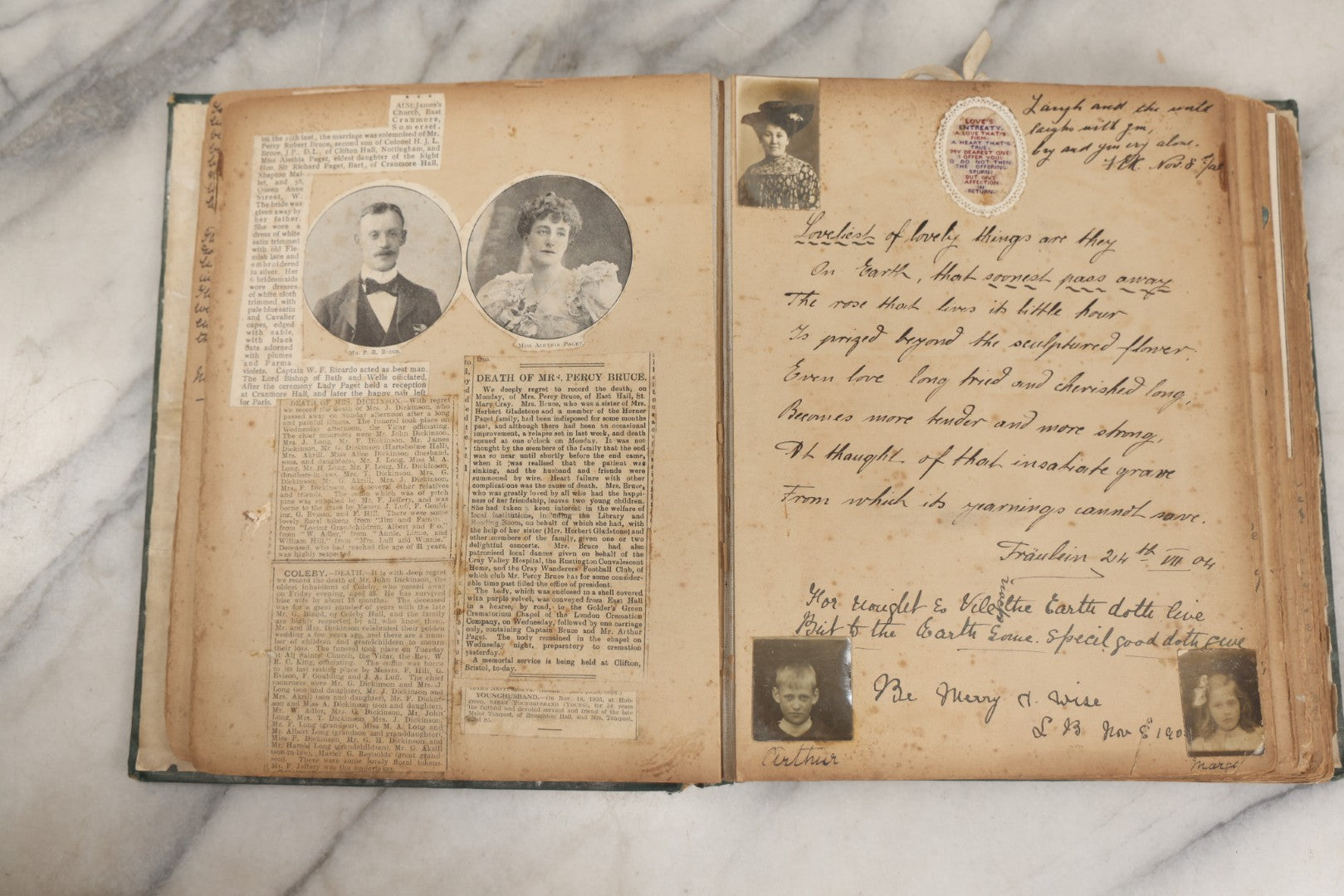 Lot 240 - Antique Snapshot Photo Album And Scrapbook Containing Dozens Of Scraps, Photos, Handwritten Poems And Entries, Watercolor And Other Paintings And Drawings, Circa 1905