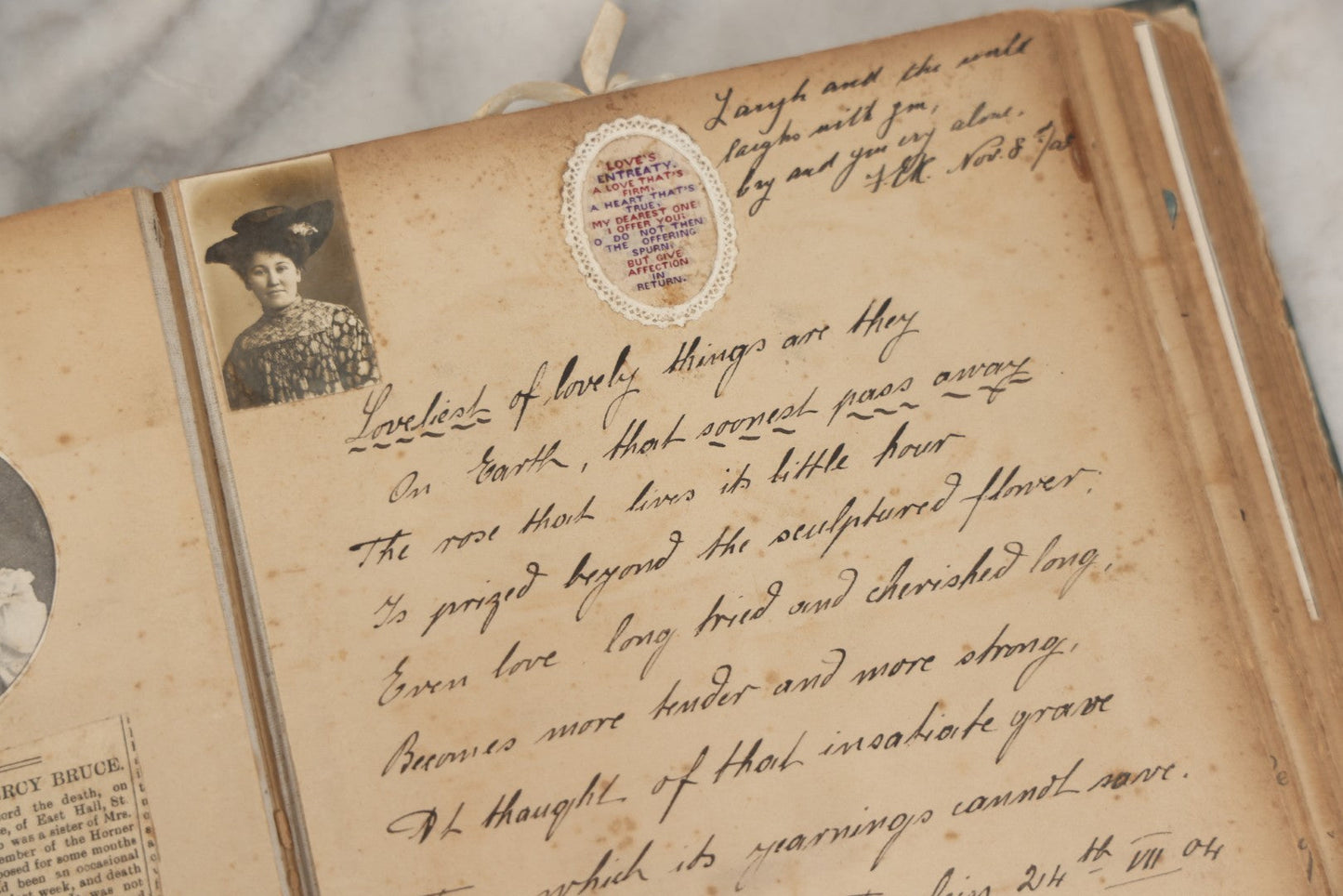 Lot 240 - Antique Snapshot Photo Album And Scrapbook Containing Dozens Of Scraps, Photos, Handwritten Poems And Entries, Watercolor And Other Paintings And Drawings, Circa 1905