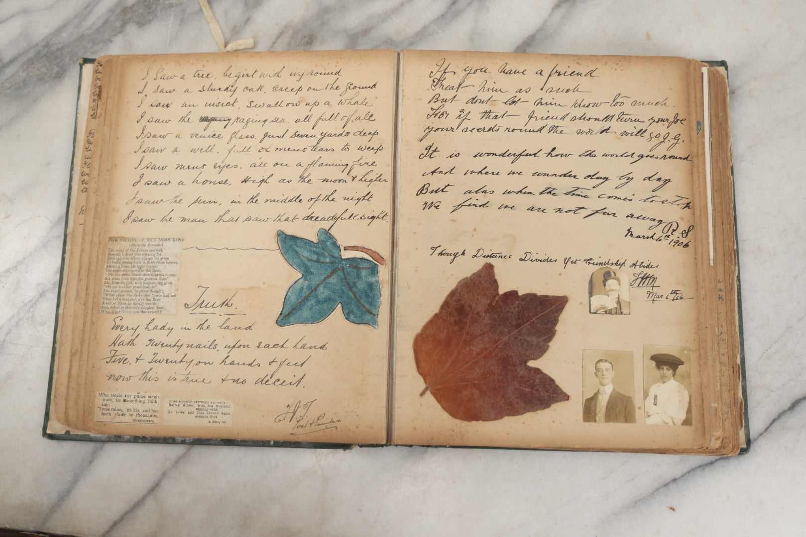 Lot 240 - Antique Snapshot Photo Album And Scrapbook Containing Dozens Of Scraps, Photos, Handwritten Poems And Entries, Watercolor And Other Paintings And Drawings, Circa 1905