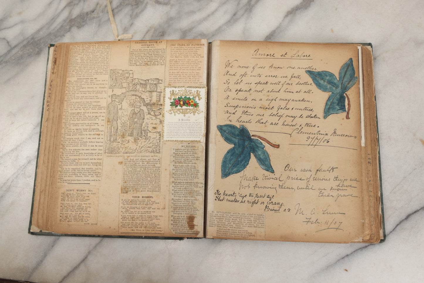 Lot 240 - Antique Snapshot Photo Album And Scrapbook Containing Dozens Of Scraps, Photos, Handwritten Poems And Entries, Watercolor And Other Paintings And Drawings, Circa 1905