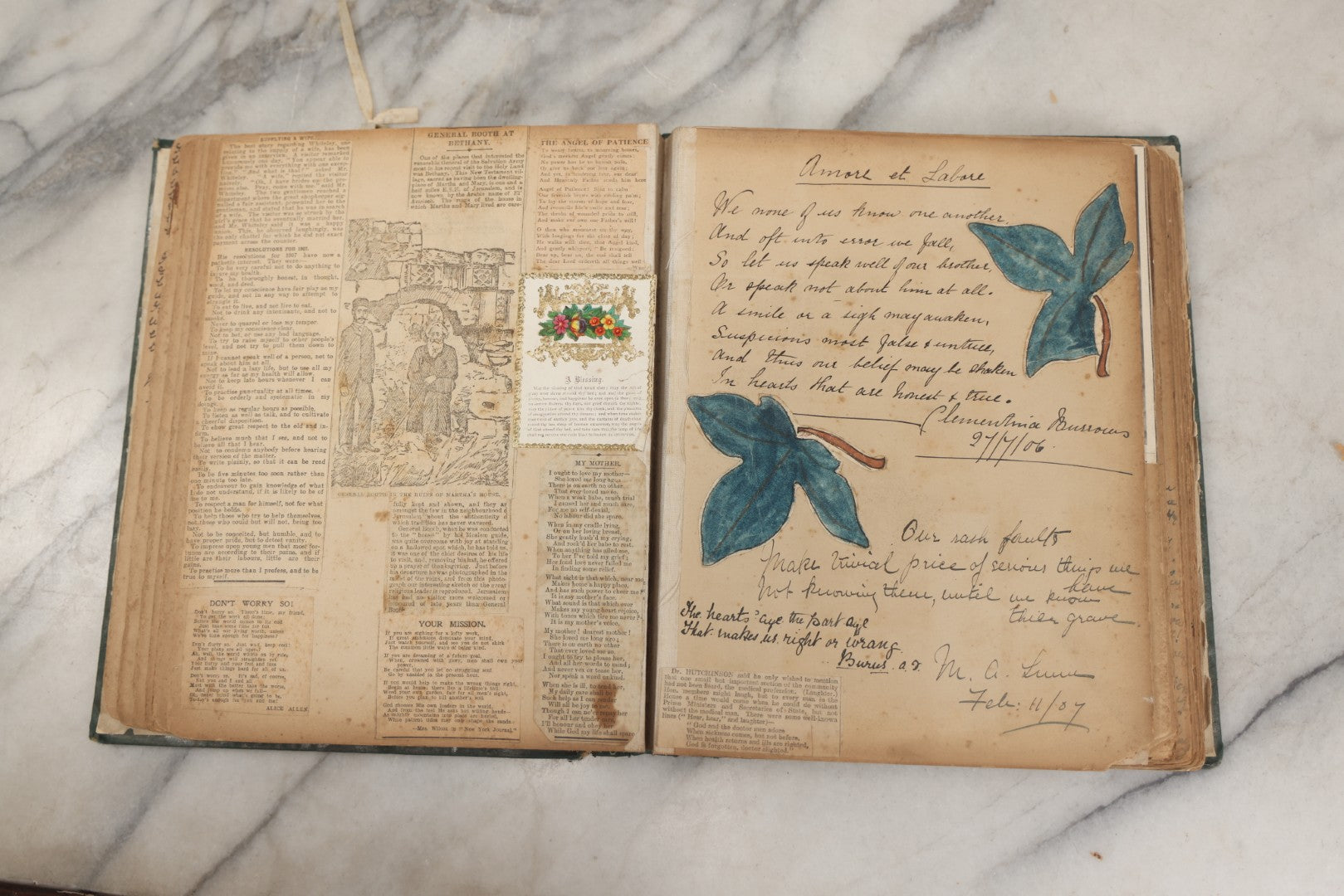 Lot 240 - Antique Snapshot Photo Album And Scrapbook Containing Dozens Of Scraps, Photos, Handwritten Poems And Entries, Watercolor And Other Paintings And Drawings, Circa 1905