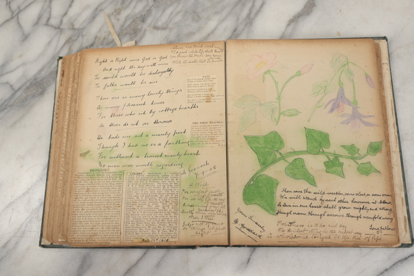 Lot 240 - Antique Snapshot Photo Album And Scrapbook Containing Dozens Of Scraps, Photos, Handwritten Poems And Entries, Watercolor And Other Paintings And Drawings, Circa 1905