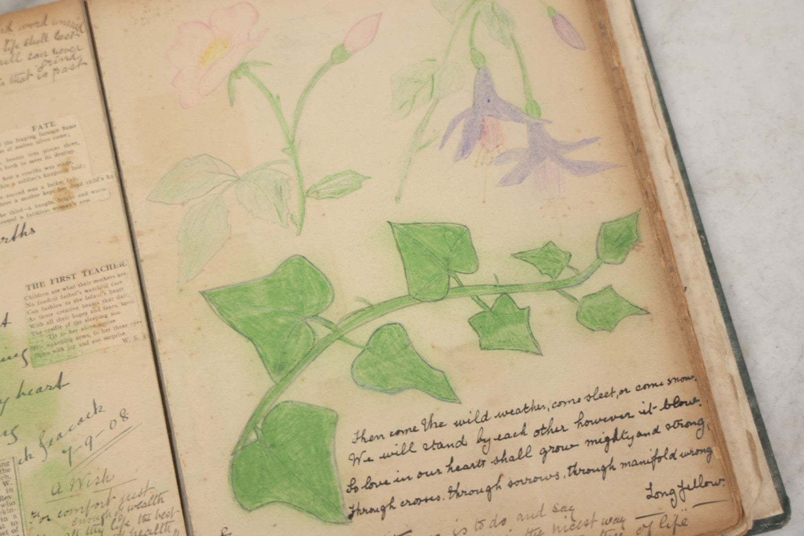 Lot 240 - Antique Snapshot Photo Album And Scrapbook Containing Dozens Of Scraps, Photos, Handwritten Poems And Entries, Watercolor And Other Paintings And Drawings, Circa 1905