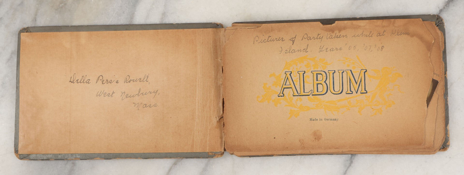 Lot 241 - Antique Snapshot And Cyanotype Photo Album Contained In A Victorian Autograph Book, Containing Photos Of The Students Of West Newbury High School, Massachusetts, Including Creative Group Shots, Beach Scenes, Playful Friends, And More
