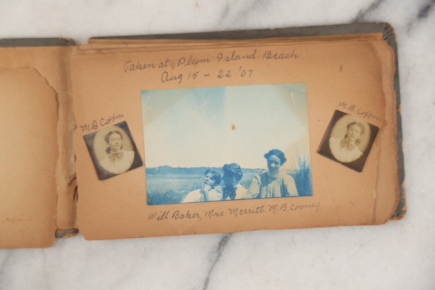 Lot 241 - Antique Snapshot And Cyanotype Photo Album Contained In A Victorian Autograph Book, Containing Photos Of The Students Of West Newbury High School, Massachusetts, Including Creative Group Shots, Beach Scenes, Playful Friends, And More