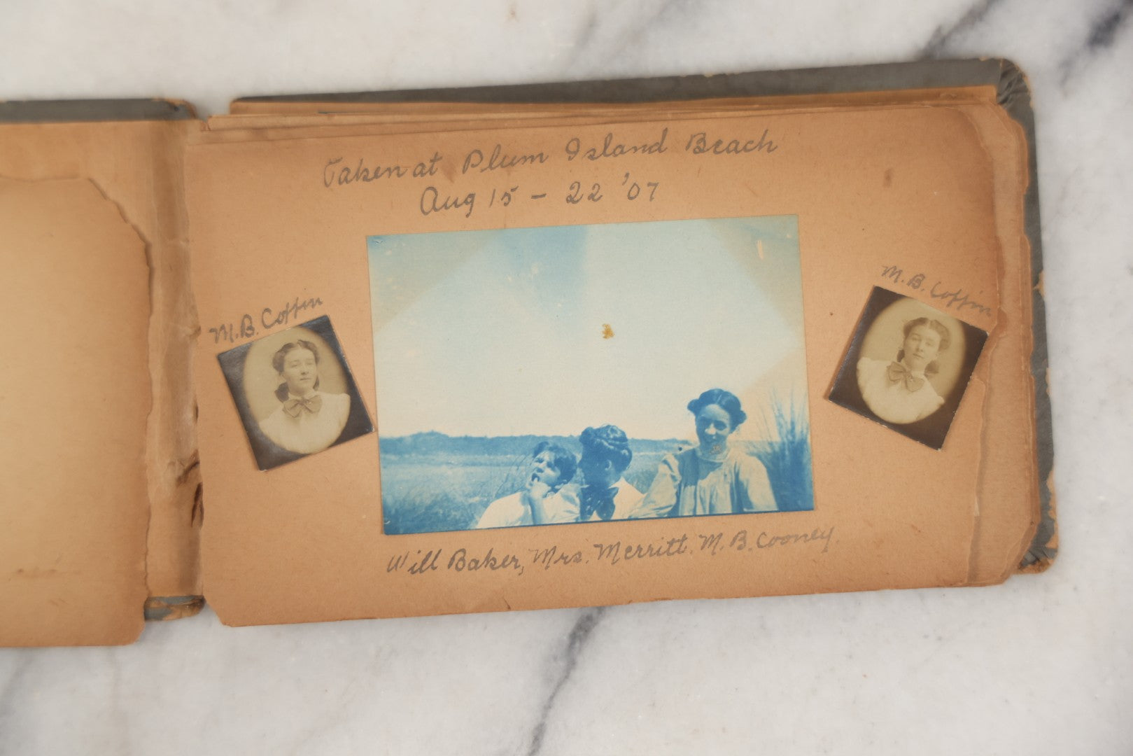 Lot 241 - Antique Snapshot And Cyanotype Photo Album Contained In A Victorian Autograph Book, Containing Photos Of The Students Of West Newbury High School, Massachusetts, Including Creative Group Shots, Beach Scenes, Playful Friends, And More