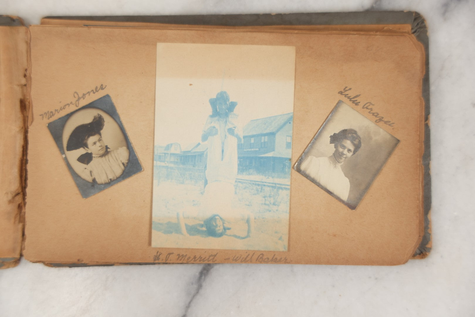 Lot 241 - Antique Snapshot And Cyanotype Photo Album Contained In A Victorian Autograph Book, Containing Photos Of The Students Of West Newbury High School, Massachusetts, Including Creative Group Shots, Beach Scenes, Playful Friends, And More