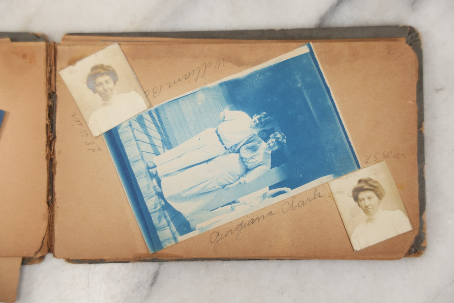 Lot 241 - Antique Snapshot And Cyanotype Photo Album Contained In A Victorian Autograph Book, Containing Photos Of The Students Of West Newbury High School, Massachusetts, Including Creative Group Shots, Beach Scenes, Playful Friends, And More