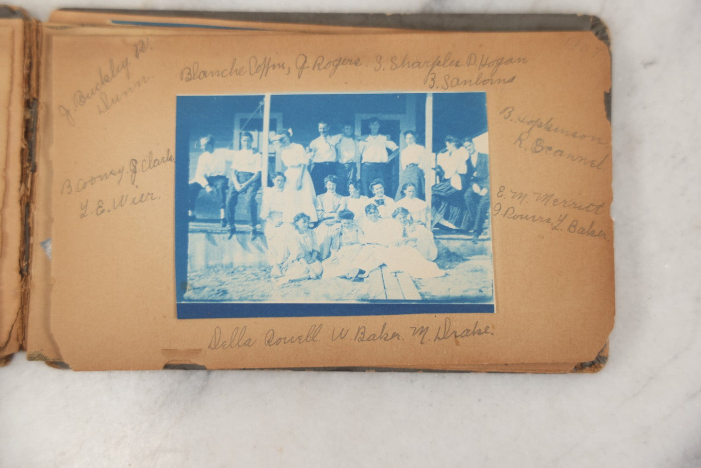 Lot 241 - Antique Snapshot And Cyanotype Photo Album Contained In A Victorian Autograph Book, Containing Photos Of The Students Of West Newbury High School, Massachusetts, Including Creative Group Shots, Beach Scenes, Playful Friends, And More