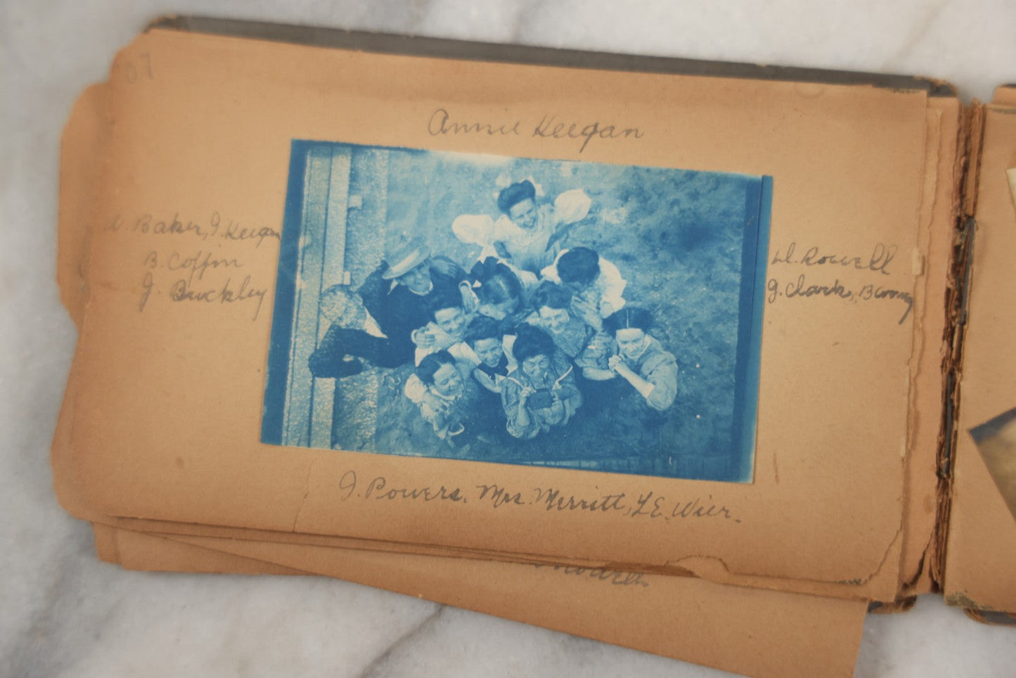 Lot 241 - Antique Snapshot And Cyanotype Photo Album Contained In A Victorian Autograph Book, Containing Photos Of The Students Of West Newbury High School, Massachusetts, Including Creative Group Shots, Beach Scenes, Playful Friends, And More