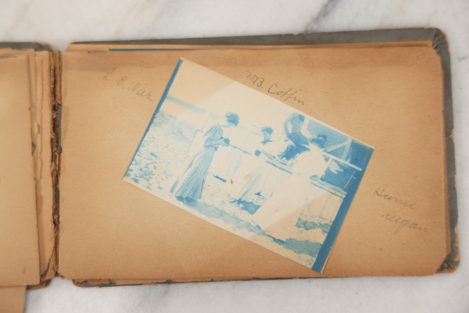 Lot 241 - Antique Snapshot And Cyanotype Photo Album Contained In A Victorian Autograph Book, Containing Photos Of The Students Of West Newbury High School, Massachusetts, Including Creative Group Shots, Beach Scenes, Playful Friends, And More