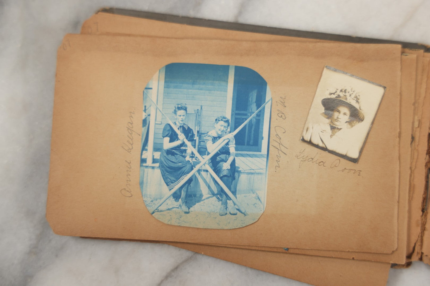 Lot 241 - Antique Snapshot And Cyanotype Photo Album Contained In A Victorian Autograph Book, Containing Photos Of The Students Of West Newbury High School, Massachusetts, Including Creative Group Shots, Beach Scenes, Playful Friends, And More