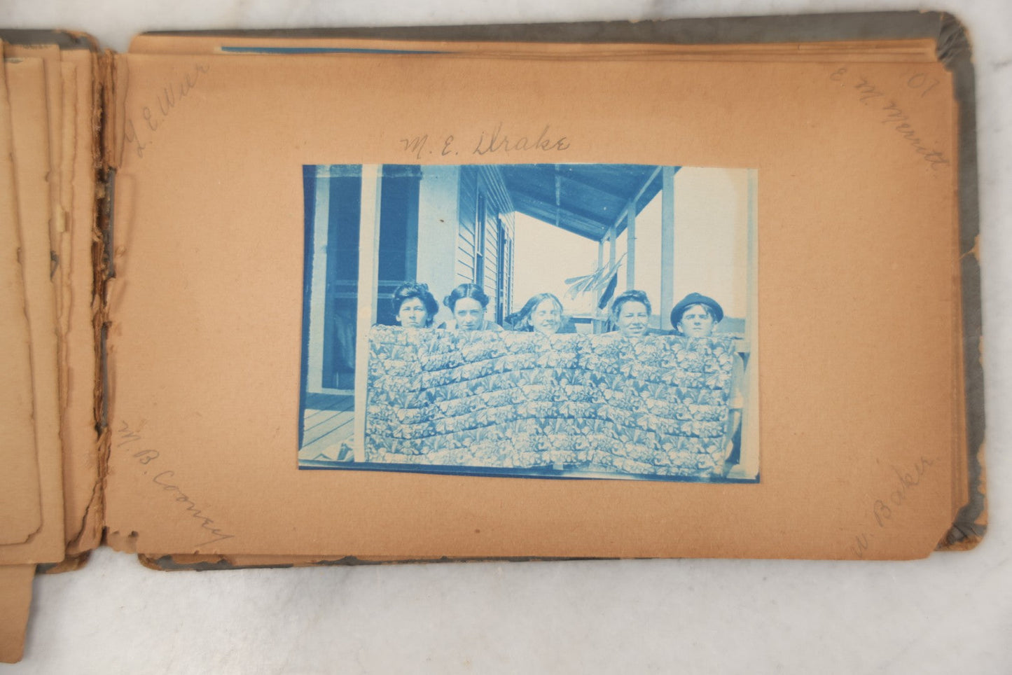 Lot 241 - Antique Snapshot And Cyanotype Photo Album Contained In A Victorian Autograph Book, Containing Photos Of The Students Of West Newbury High School, Massachusetts, Including Creative Group Shots, Beach Scenes, Playful Friends, And More