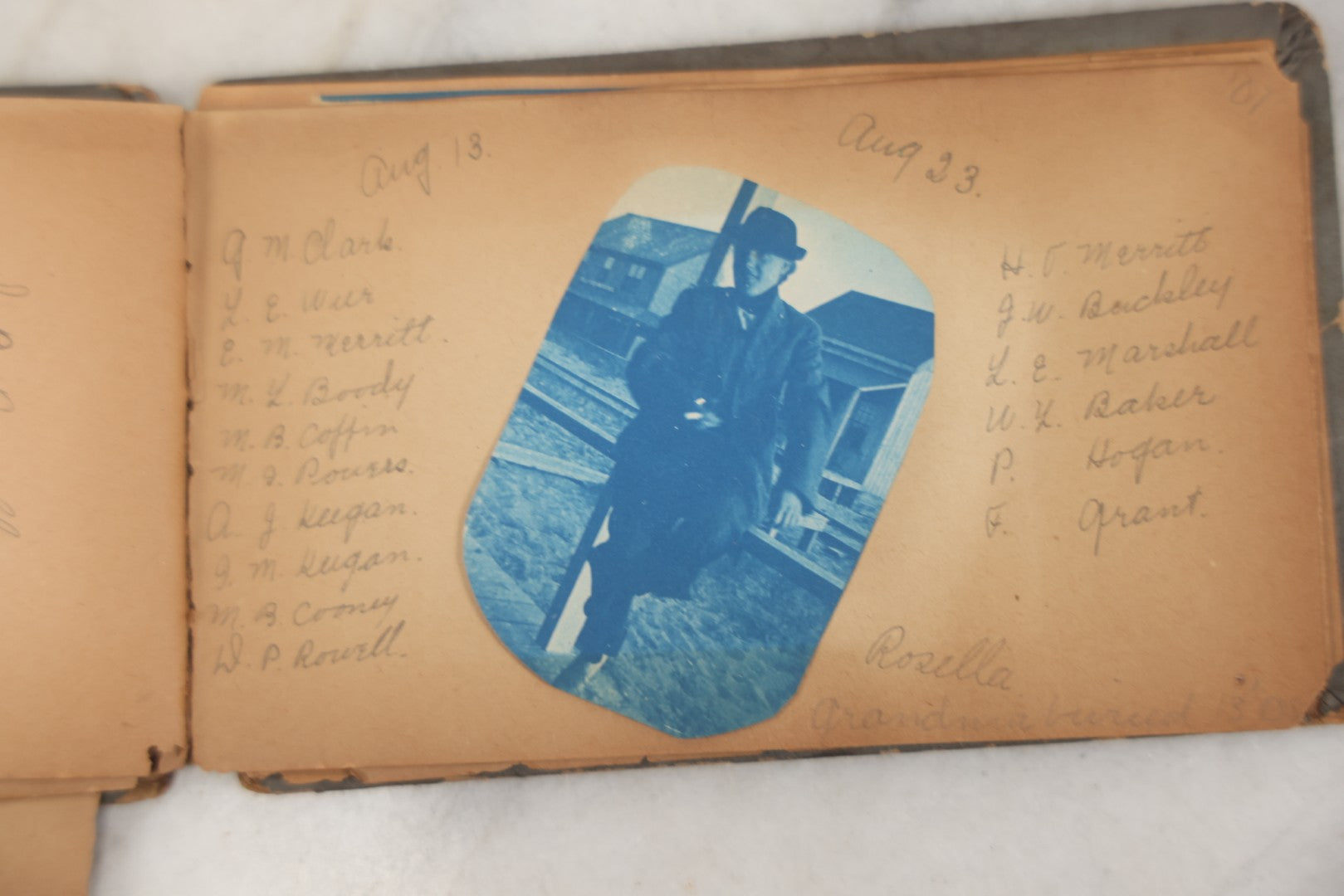 Lot 241 - Antique Snapshot And Cyanotype Photo Album Contained In A Victorian Autograph Book, Containing Photos Of The Students Of West Newbury High School, Massachusetts, Including Creative Group Shots, Beach Scenes, Playful Friends, And More